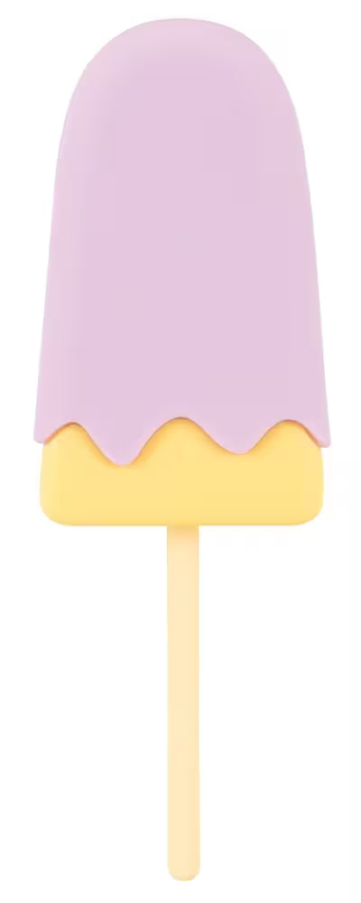 Vibrierendes Eis am Stiel, frontal lila mit gelbem Rand und Holzstiel
