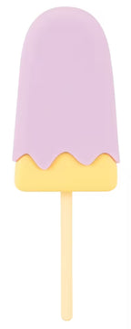 Vibrierendes Eis am Stiel, frontal lila mit gelbem Rand und Holzstiel
