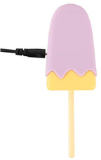 Vibrierendes Eis am Stiel, lila mit gelbem Rand, mit schwarzem Kabel verbunden