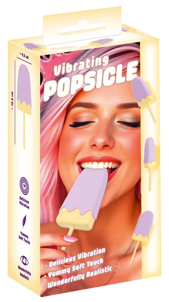 Verpackung für vibrierenden Eis am Stiel, violettes Motiv mit Frau im Bild