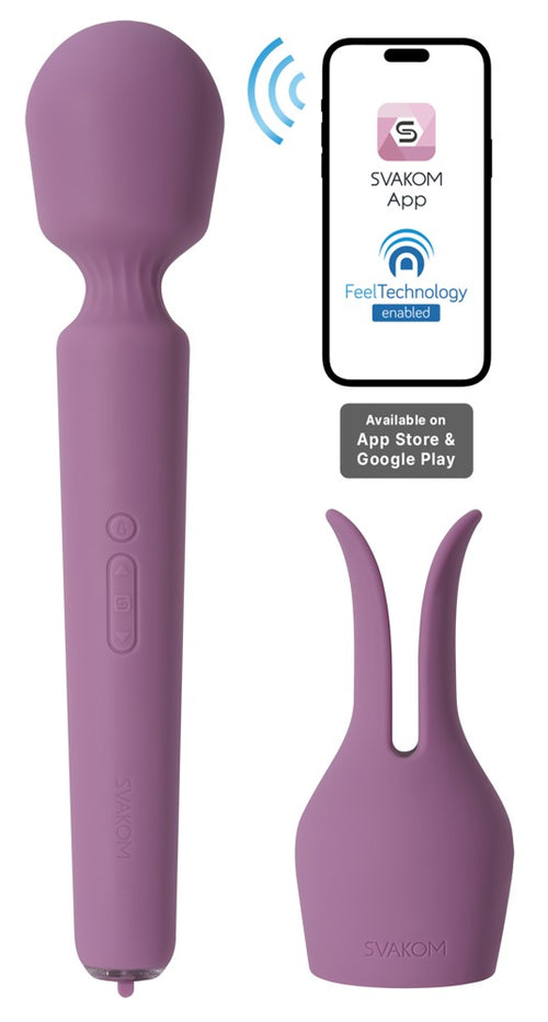 Violetter Svakom Emma Neo 2 Vibrator, schlanker Stab mit breitem Kopf und Bedientaste.