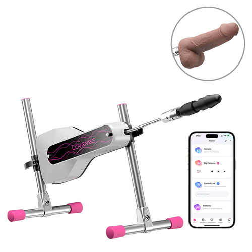 Lovense Mini Sexmaschine, silbernes Gestell, pinke Aufsätze und Smartphone
