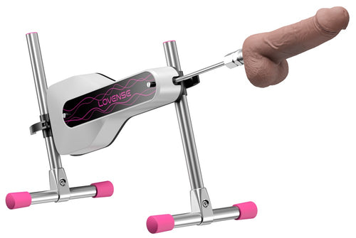 Lovense Mini Sexmaschine im Seitenschnitt, silbernes Gestell mit pinken Aufsätzen