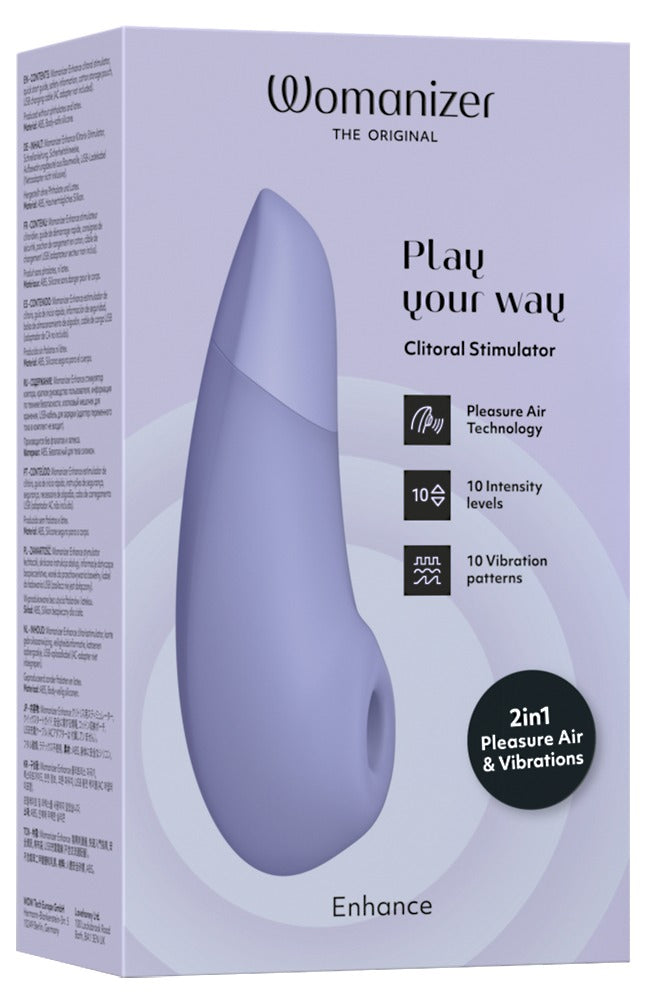 Lilafarbene Womanizer Enhance Packung mit abgebildetem Klitorisstimulator.