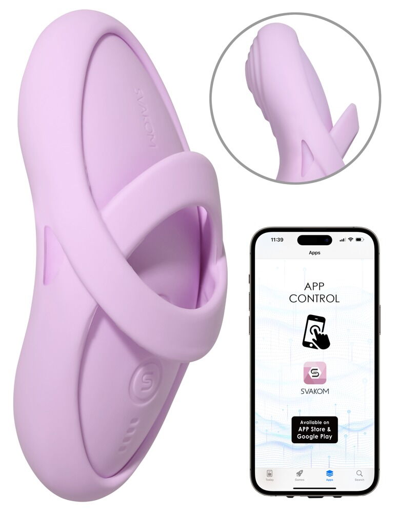 Rosa Fingervibrator mit Ringaufsatz; Smartphone zeigt App-Steuerung.