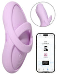 Rosa Fingervibrator mit Ringaufsatz; Smartphone zeigt App-Steuerung.