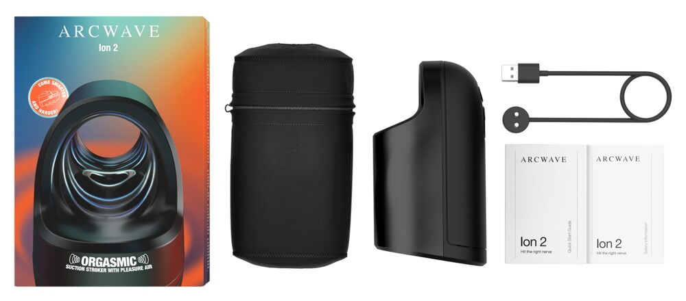 Schwarzer Masturbator-Set mit Verpackung und Anschlusskabel