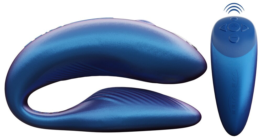 Blauer Paarvibrator mit gebogenen Silikonarmen und separatem Handteil