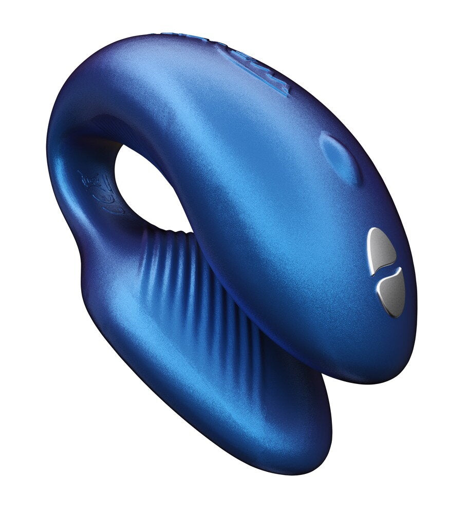 Intelligenter Paarvibrator in Metallicblau mit seitlicher Form und Bedienelement