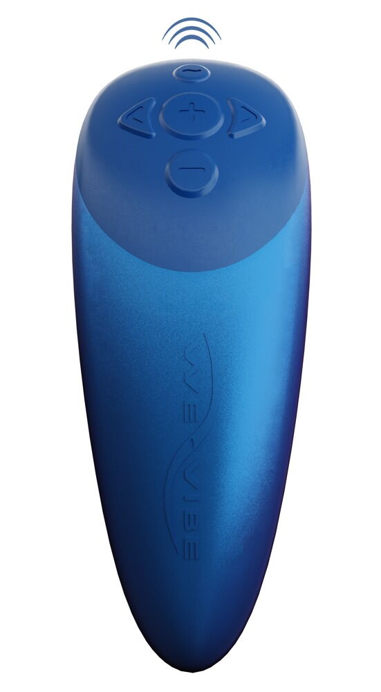 Intelligenter Paarvibrator in Metallicblau mit Bedientasten auf der Oberseite