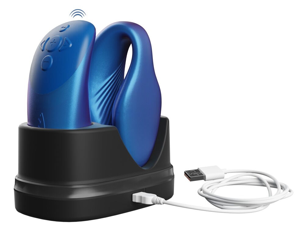 Blauer Paarvibrator auf Ladestation mit USB-Kabel