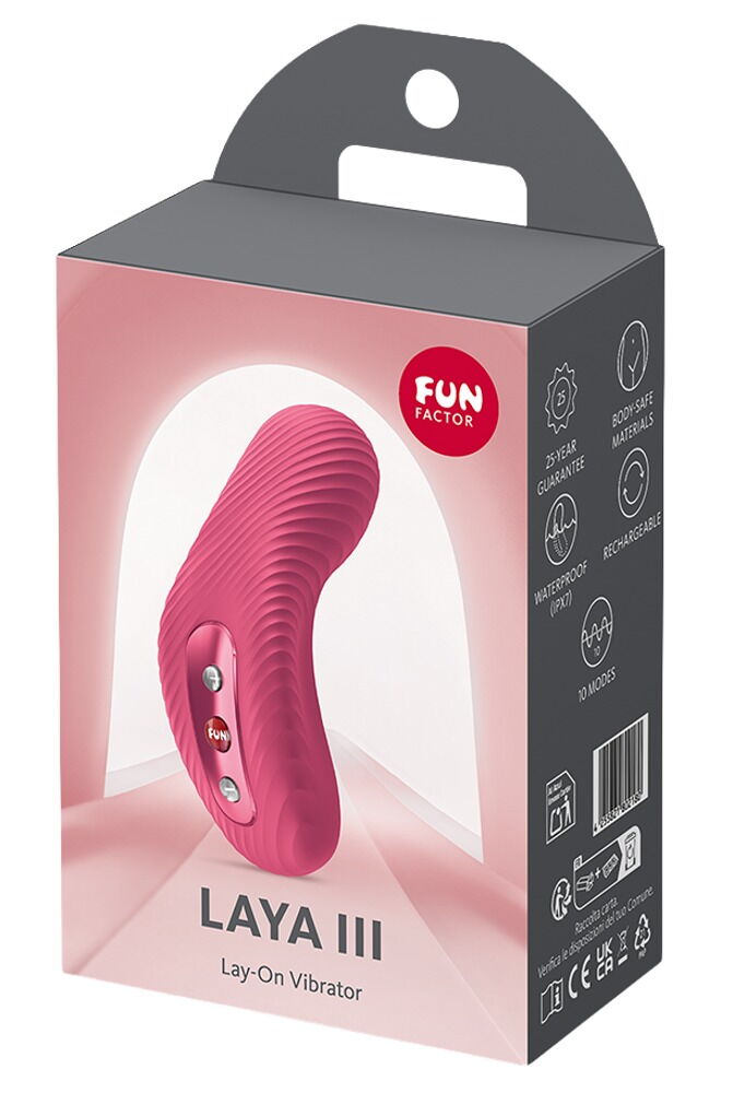Verpackung für den pinken Laya III Lay-On Vibrator mit Fun Factory Logo