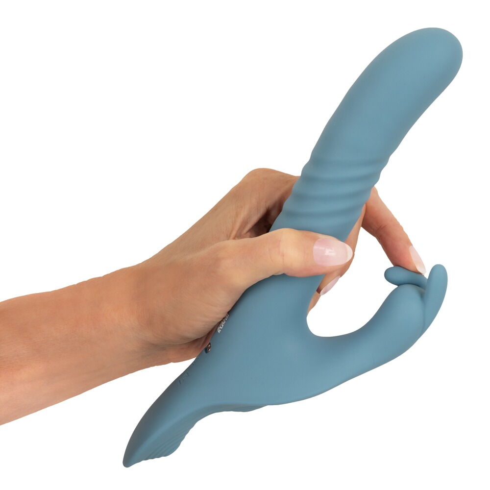 Blauer Vibrator in U-Form mit leicht geschwungenem Kopf