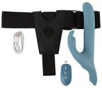 Strap-on Set: schwarzer Gurt, blauer Rabbitvibrator, Fernbedienung und Kabel