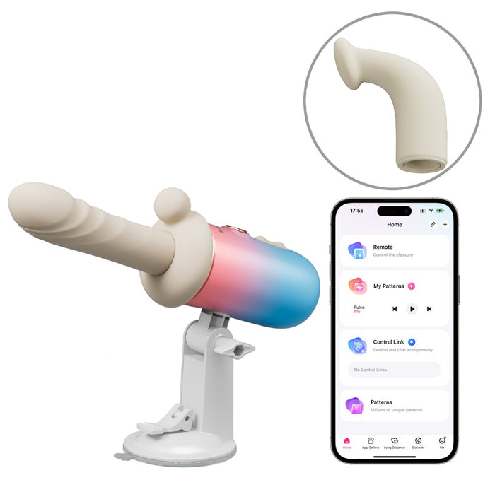 Stoßvibrator auf Ständer mit farbigem Handteil und Smartphone-App-Bedienung