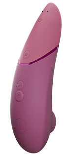 Rosa/bordeauxfarbener Clitorisstimulator mit seitlichen Tasten und Vibrationssymbolen