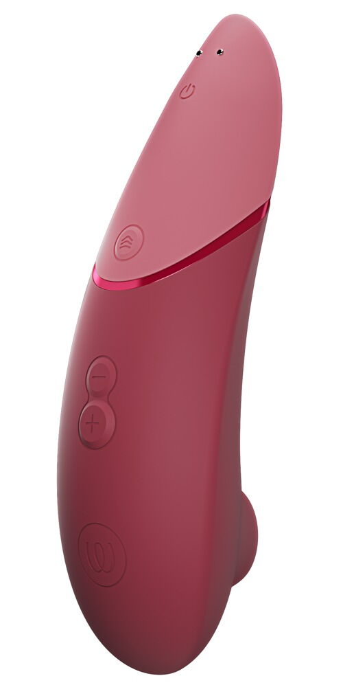 Rosafarbenes Vibrationsgerät im Profil mit rundem Gehäuse und Bedientasten