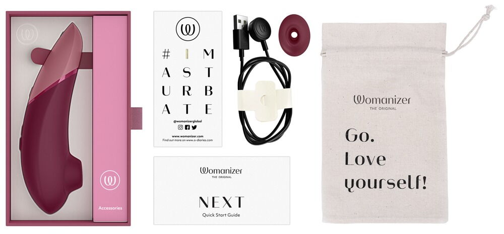 Clitorisstimulator-Lieferumfang: Gerät, Kabel, Aufsätze und Beutel in Rosa/Bordeaux