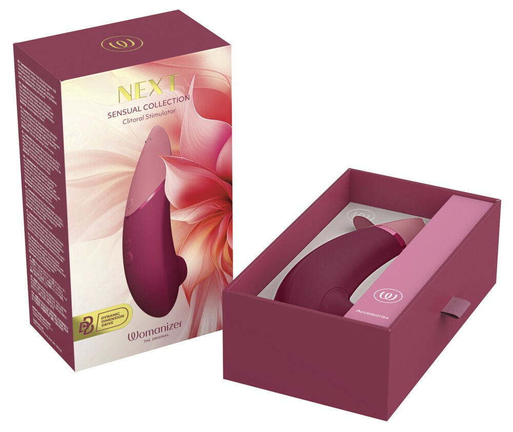 Geöffnete Verpackung mit bordeauxfarbenem Clitorisstimulator im Einsatz