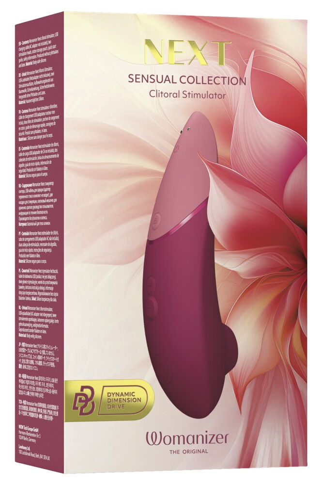 Clitorisstimulator-Verpackung „Womanzier“ in Rosa/Bordeaux mit Produktabbildung