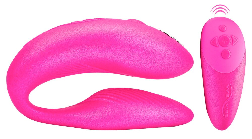 Pinkfarbener Paarvibrator mit gebogener Silikonform und separatem Handteil