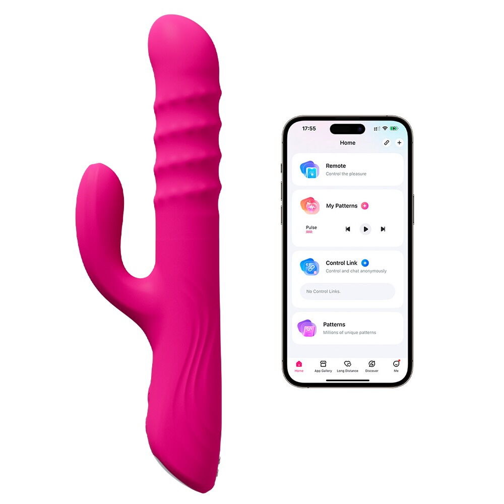 Magenta Rabbit-Vibrator mit App-Steuerung auf Smartphone-Display, gebogene Silhouette