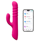 Magenta Rabbit-Vibrator mit App-Steuerung auf Smartphone-Display, gebogene Silhouette