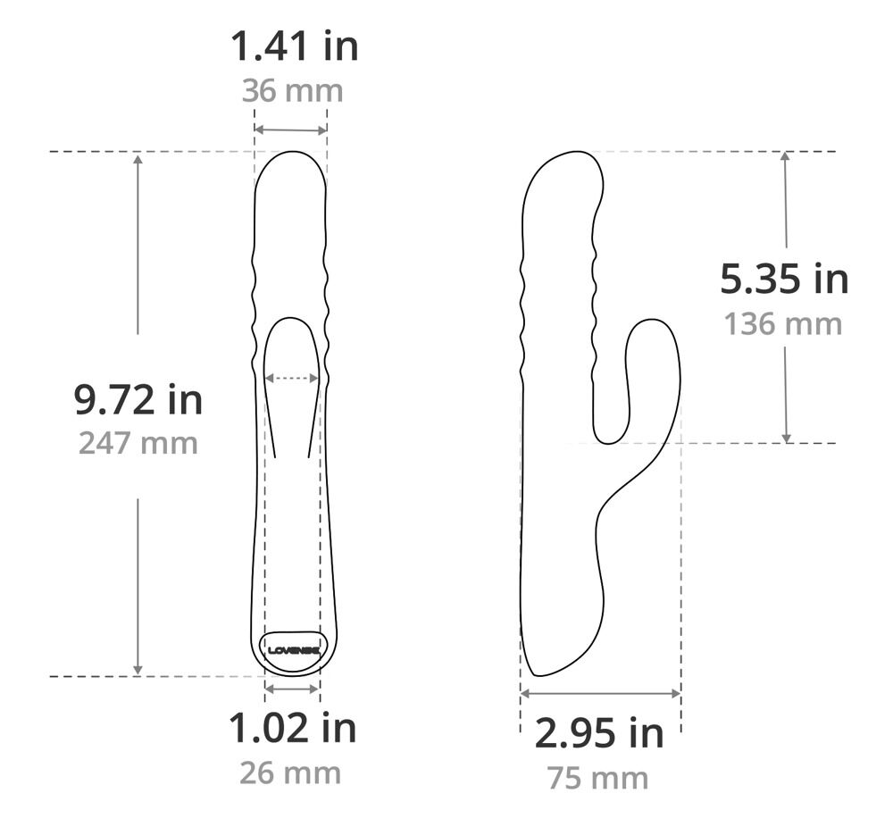Maßskizze des Rabbit-Vibrators: Länge und Breite in mm