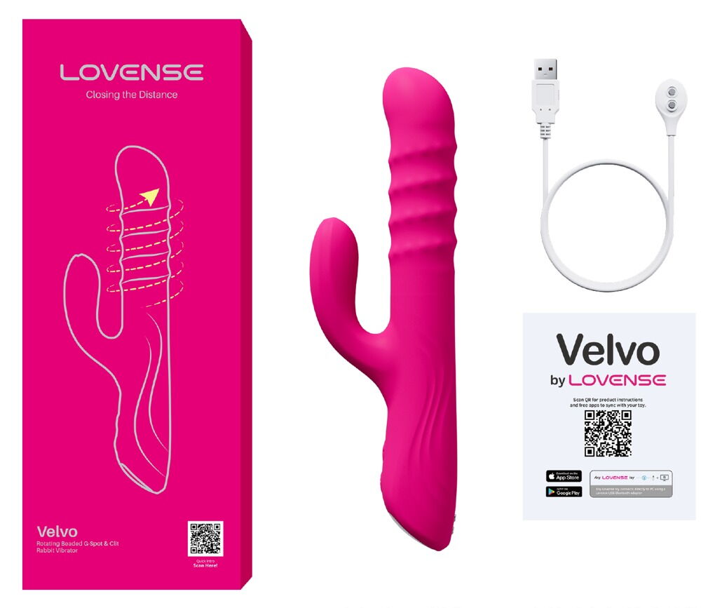 Magenta Rabbit-Vibrator mit Zubehörkabel und Velvo by Lovense Verpackung