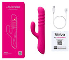 Magenta Rabbit-Vibrator mit Zubehörkabel und Velvo by Lovense Verpackung