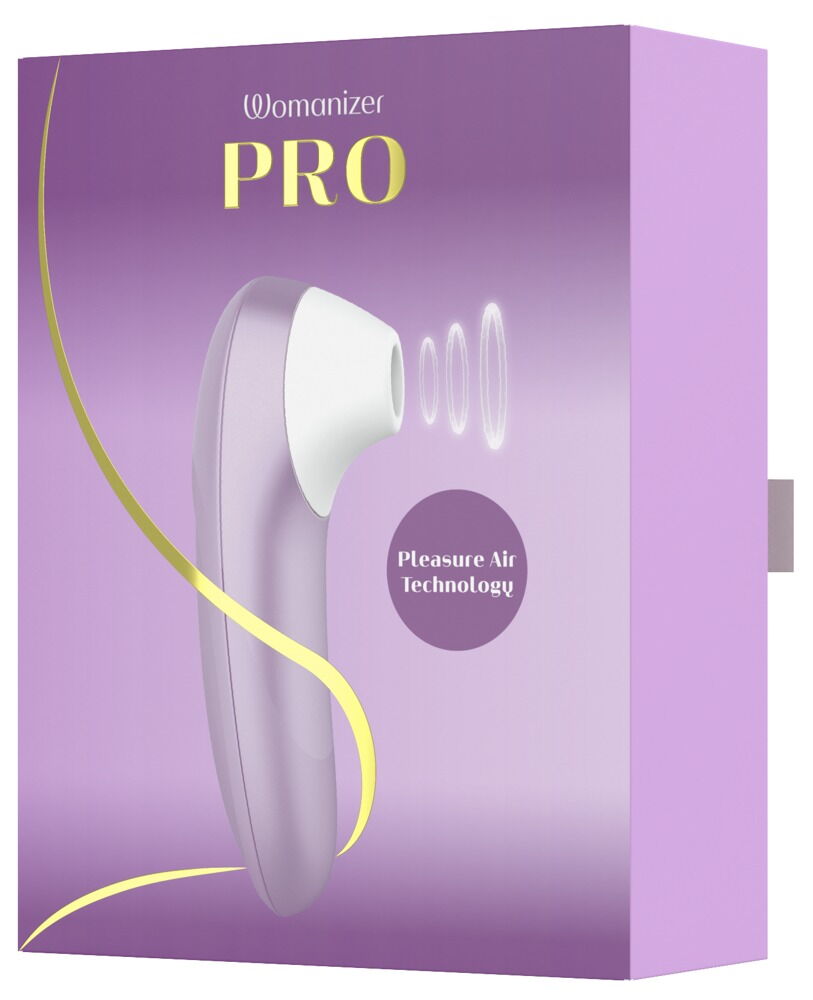 Womanizer PRO Verpackung mit Abbildung eines Handgeräts und gelbem Schriftzug auf lila Hintergrund