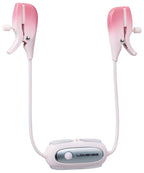 Vibrations-Nippelklemmen: zwei pinke Clips mit weißem Kabel und Bedieneinheit