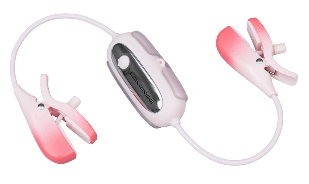 Vibrations-Nippelklemmen mit pinken Cliparmen und zentraler Bedieneinheit am Kabel