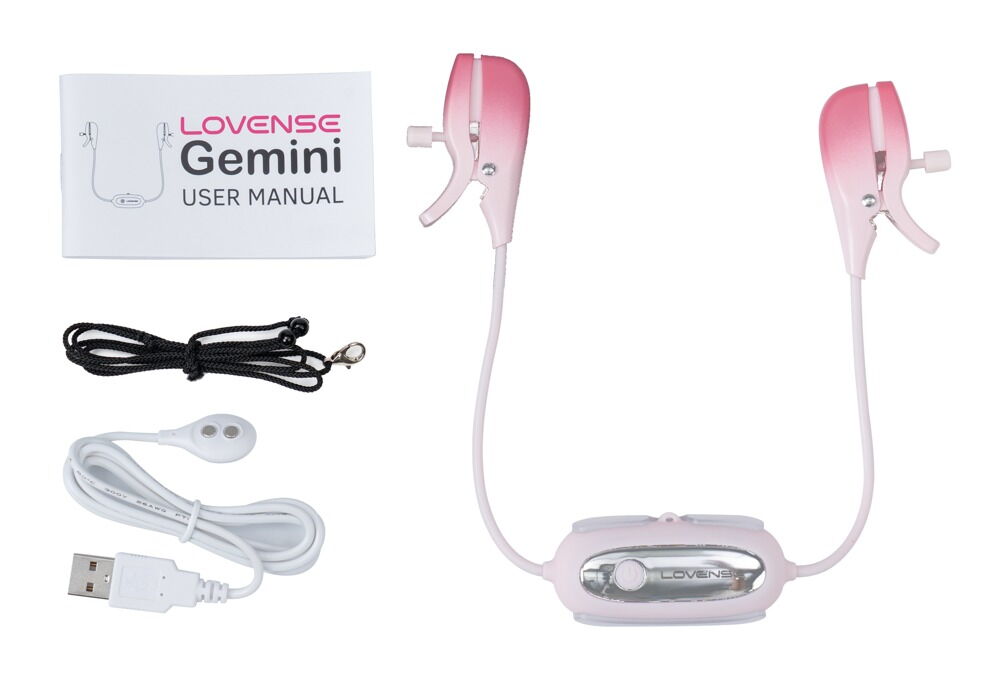 Lovense Gemini Set: Vibrations-Nippelklemmen mit Bediengerät, Anleitung und Kabeln