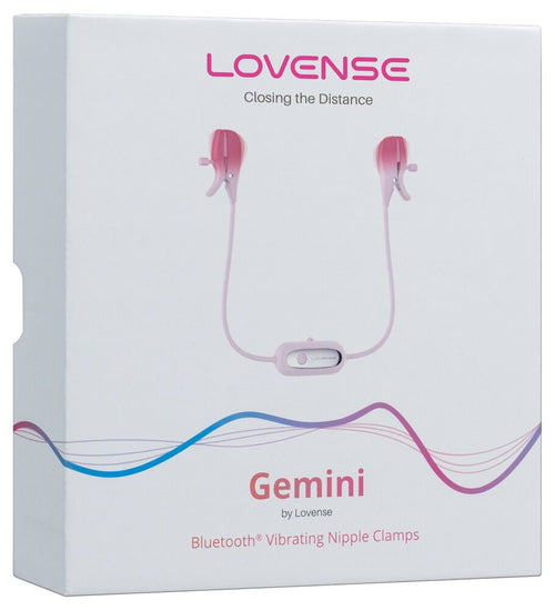 Lovense Gemini Verpackung mit pinken Nippelklemmen und Bluetooth-Vibrationshinweis