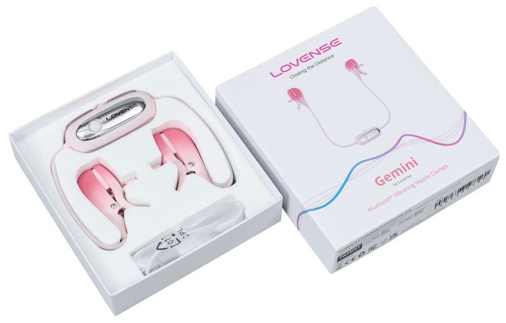 Lovense Gemini Produktset in Box: Vibrations-Nippelklemmen mit Steuereinheit