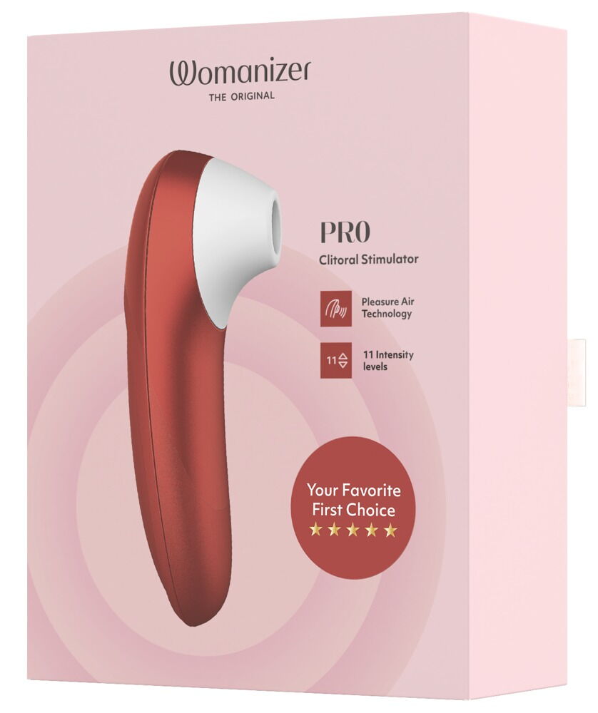 Womanizer PRO Klitorisstimulator in Verpackung, rostbraunes Handgerät