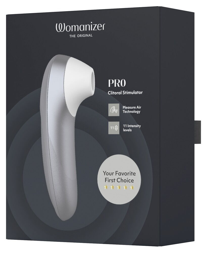 Womanizer PRO Klitorisstimulator in schwarzer Verpackung, weißes Handgerät