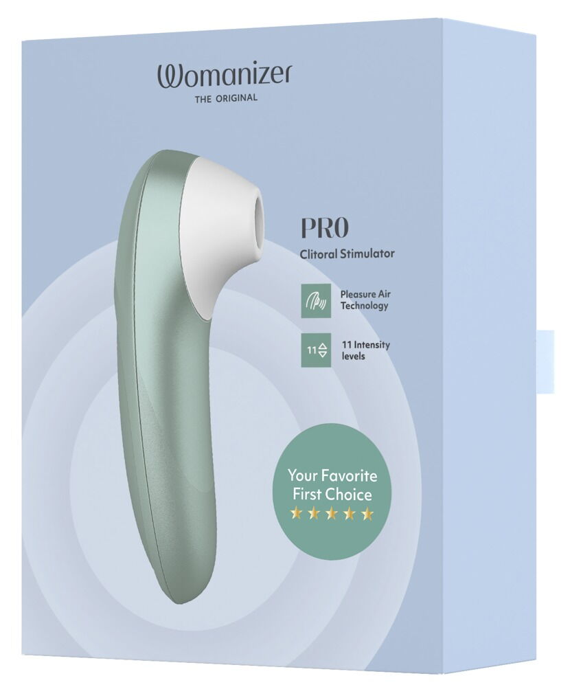 Womanizer PRO Klitorisstimulator in blauer Verpackung, hellgrünes Handgerät