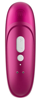 Handheld-Körperstimulator in Pink mit Tasten,+/− und Statuspunkten auf Vorderseite