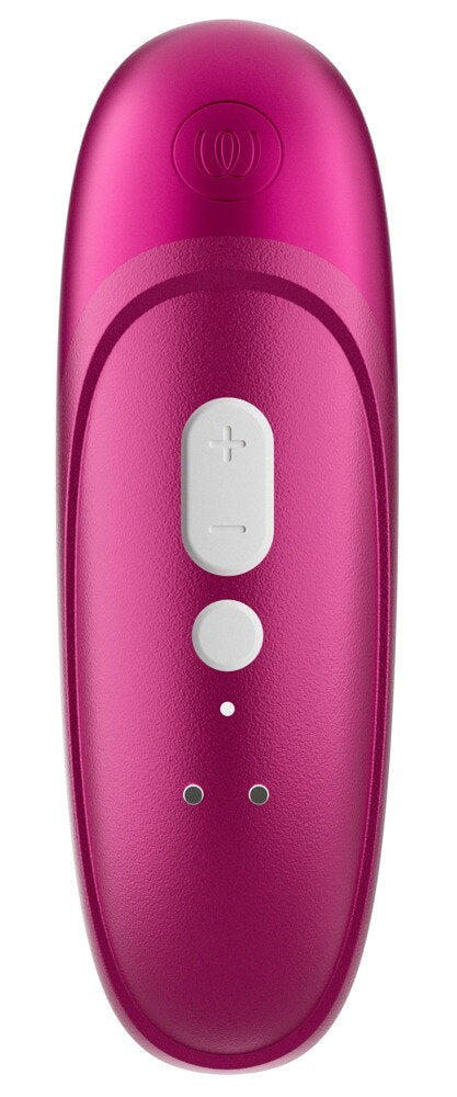 Handheld-Körperstimulator in Pink mit Tasten,+/− und Statuspunkten auf Vorderseite