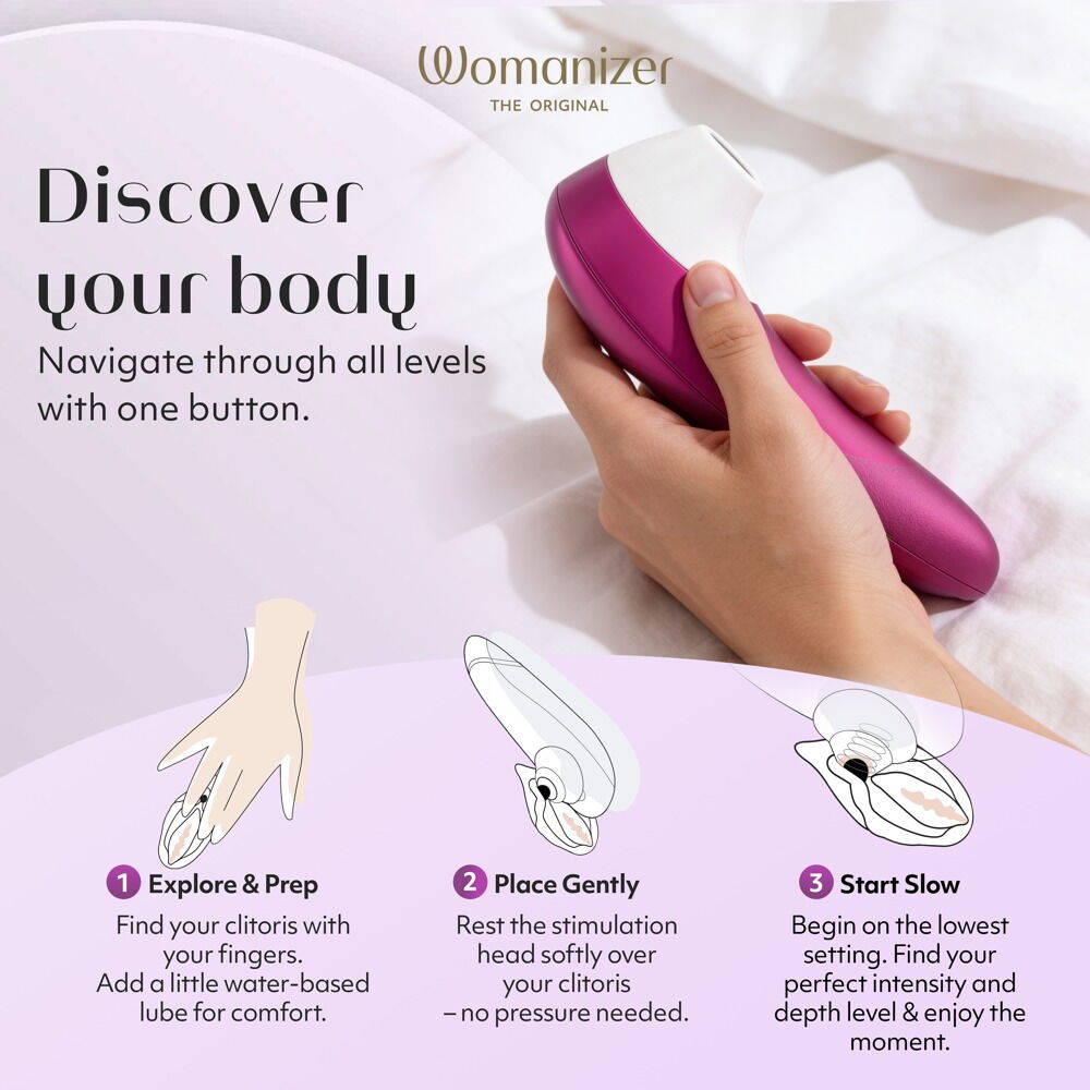 Womanizer PRO Klitorisstimulator, pinkes Handgerät in Hand mit weißem Aufsatz