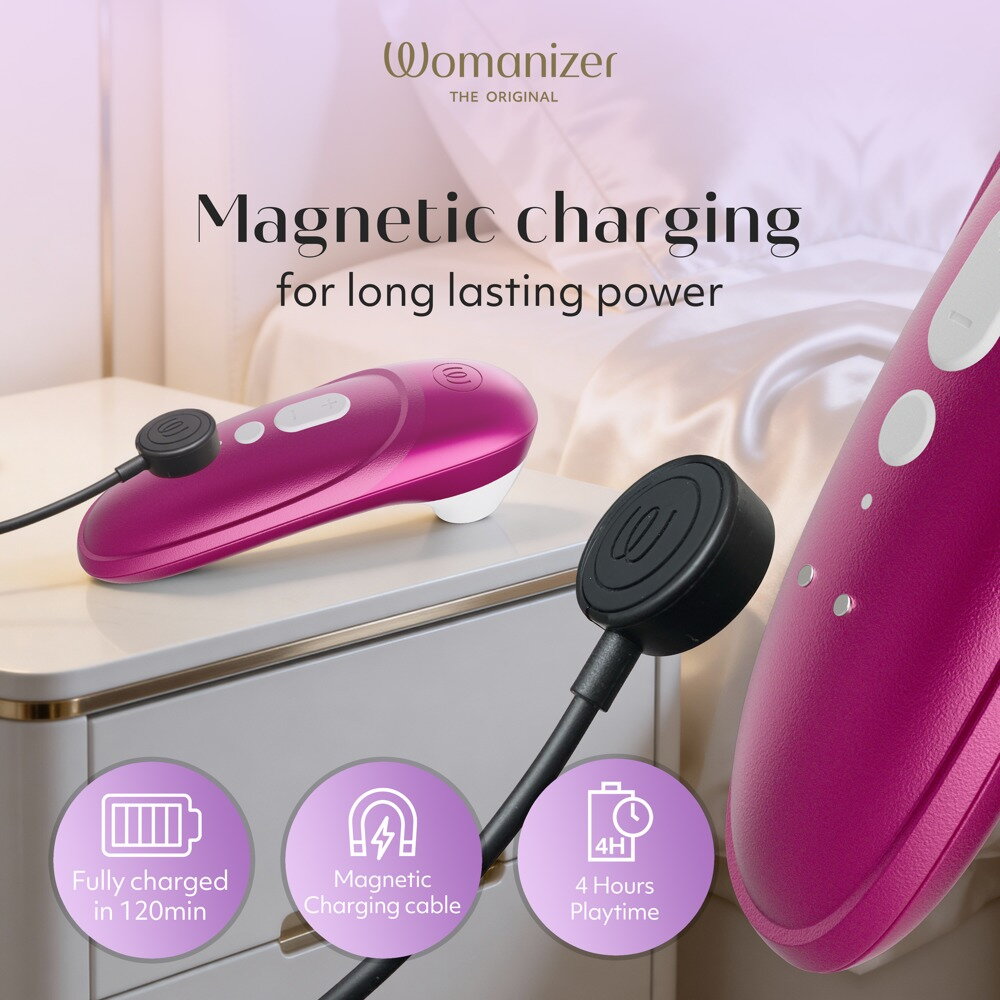 Womanizer PRO Klitorisstimulator auf Ablage, pinkes Handgerät mit Ladekabel