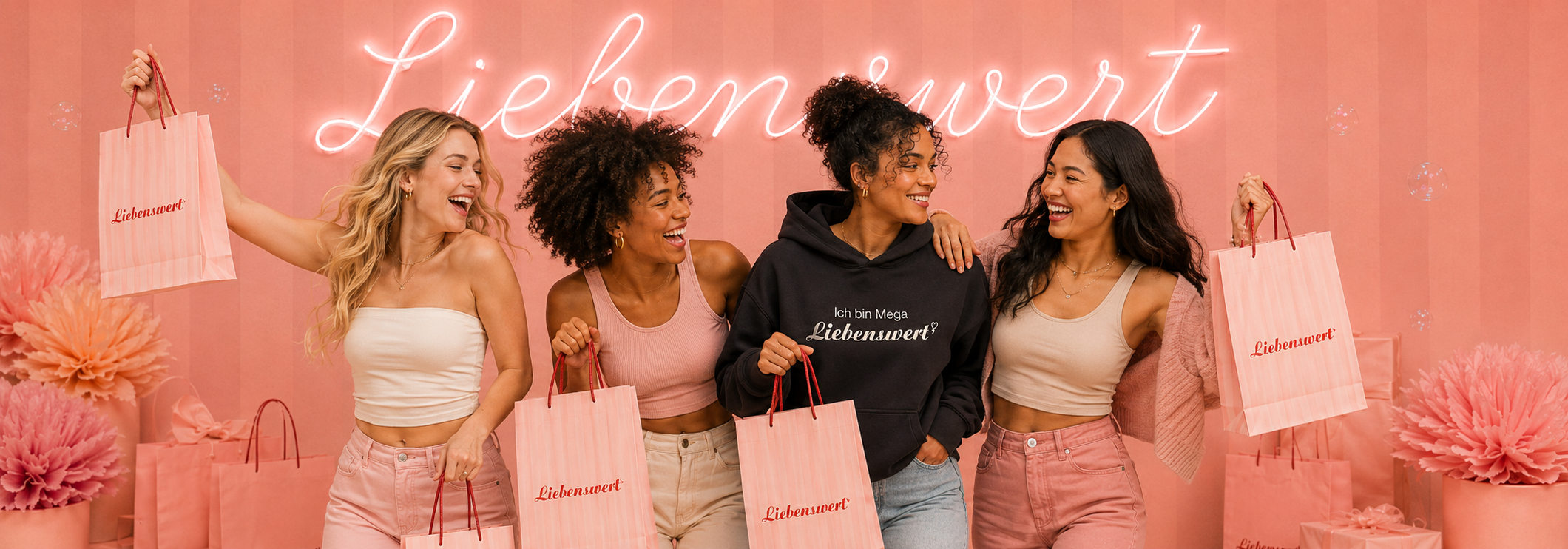 Vier Frauen freuen sich über einen Einkauf bei Liebenswert