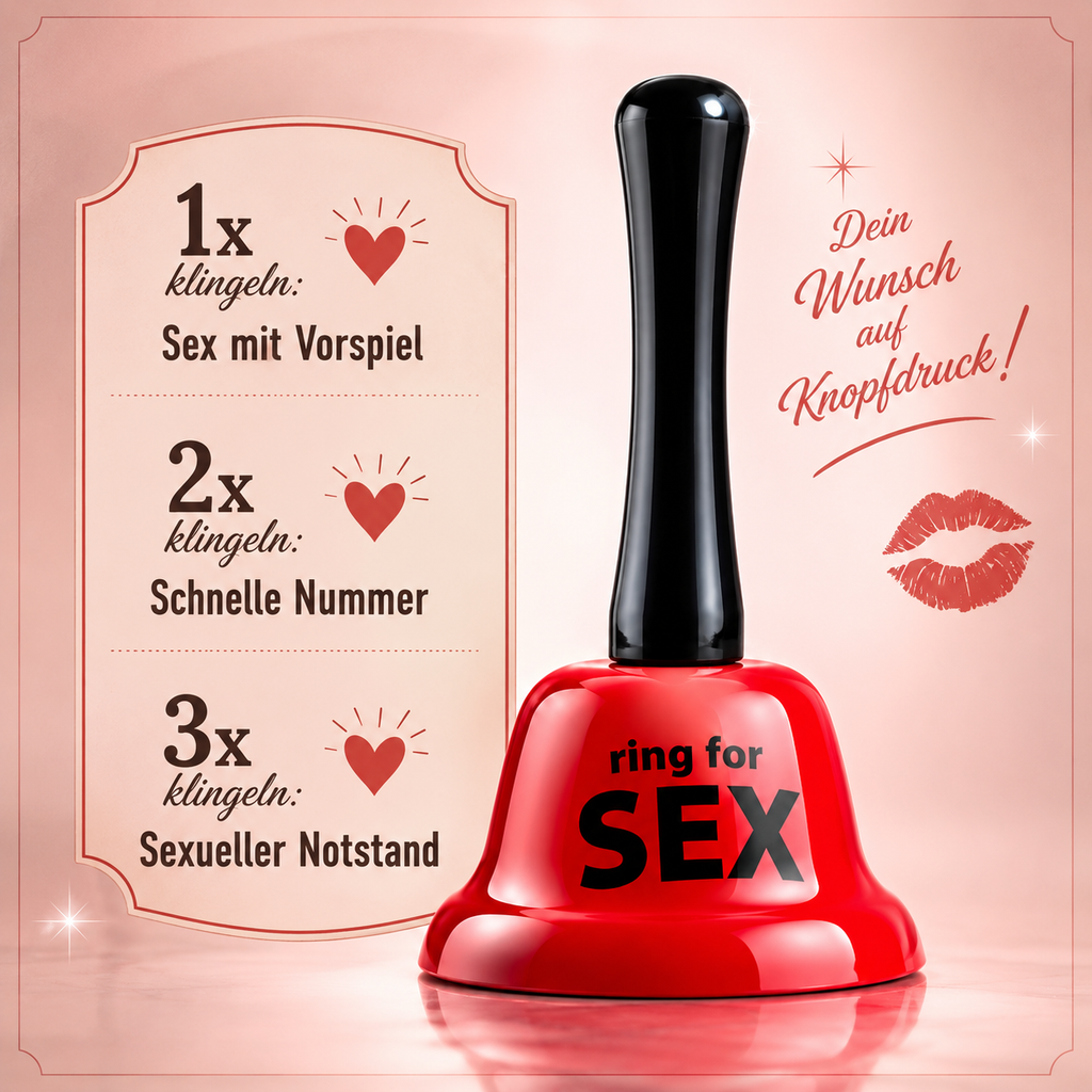 Rote Glocke „ring for SEX“ mit Anleitungskarte und Wunschtext