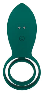 Paar-Vibrator aus grünem Silikon: gedrehter Ring und Bedienfeld mit Taste
