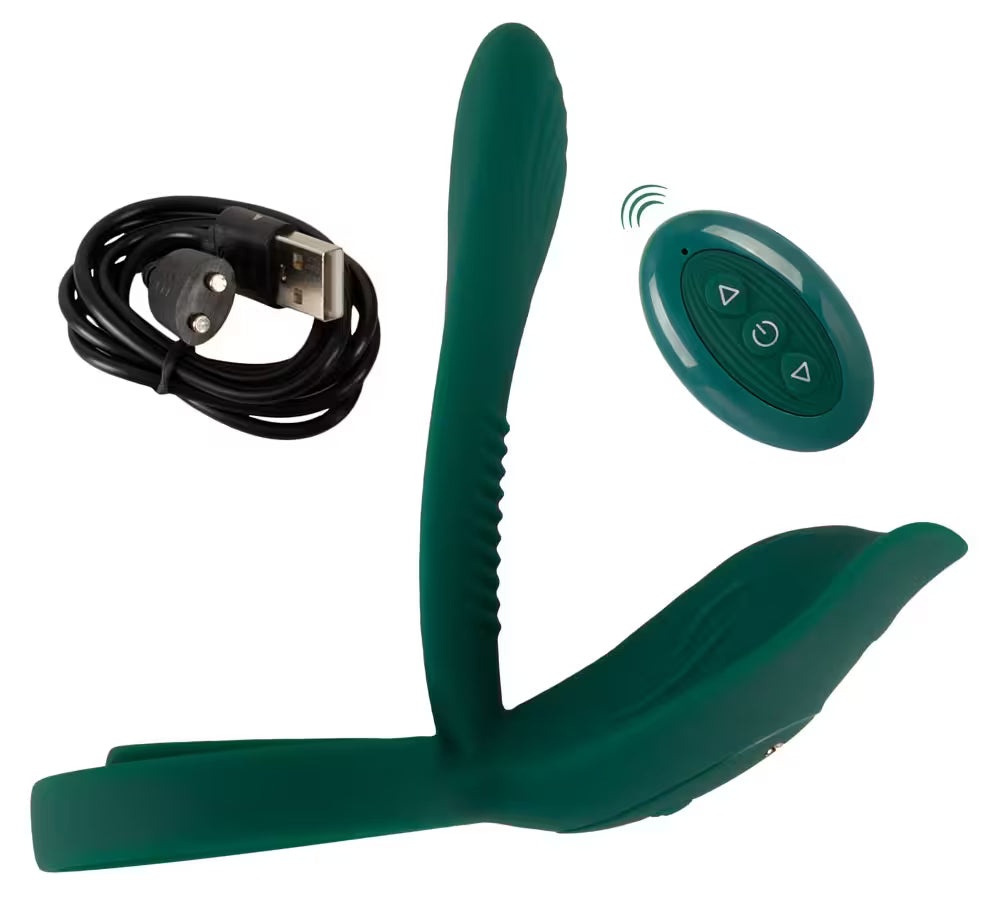 Grüner Paar-Vibrator mit Ring, plus Handsender und schwarzer Anschlusskabel