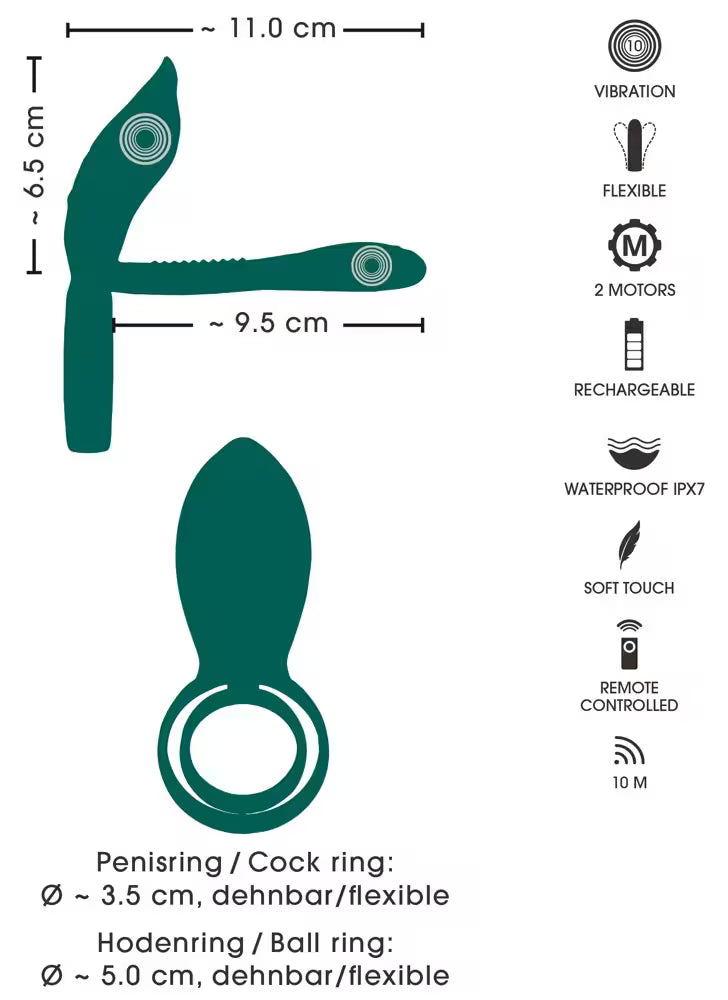 Maßgrafik und Funktionen: Vibrator mit Ring, 2 Motoren, Fernbedienung, IPX7