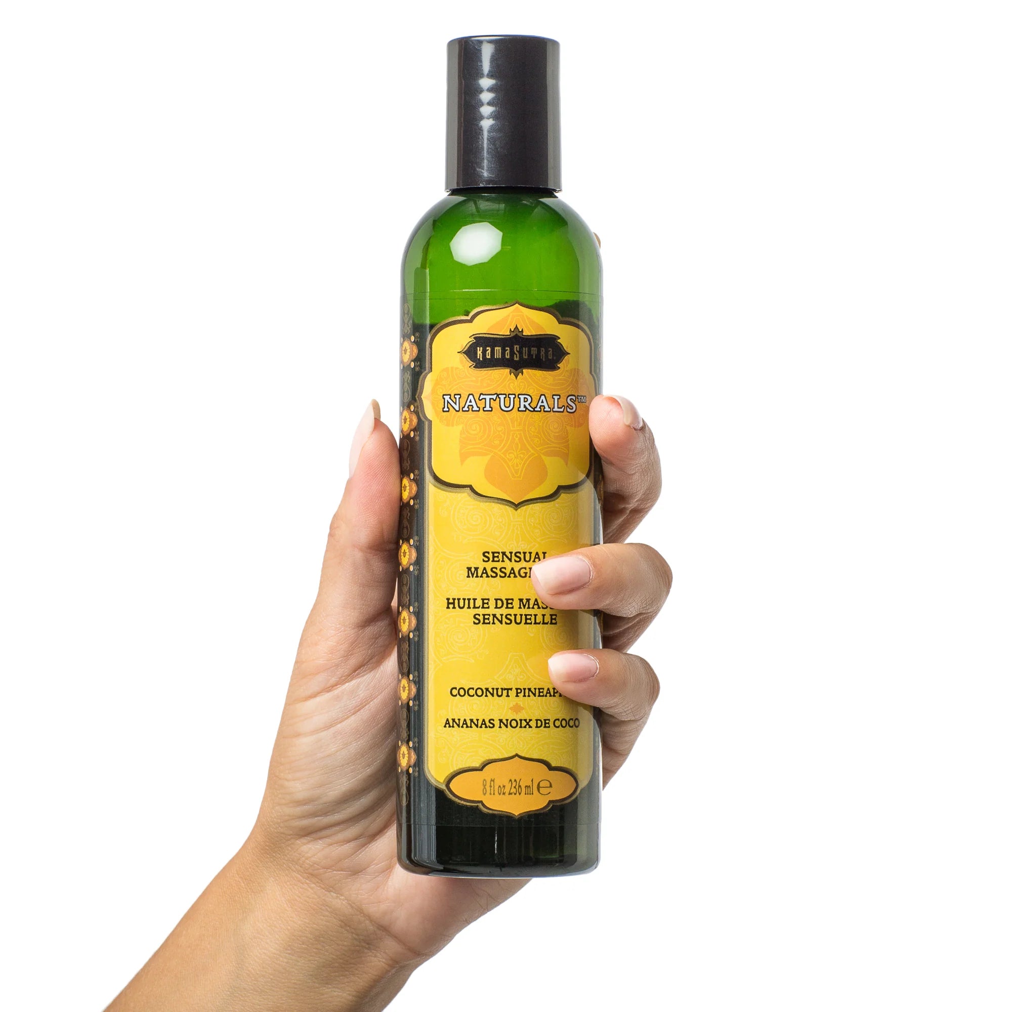 Naturals Massageöl Coconut Pineapple: grüne Flasche mit schwarzem Deckel