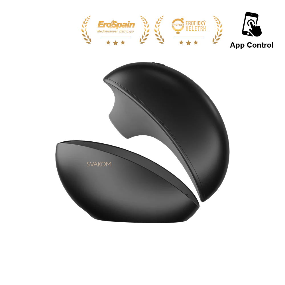 SVAKOM Druckwellenvibrator, schwarze gebogene Form aus zwei Perspektiven